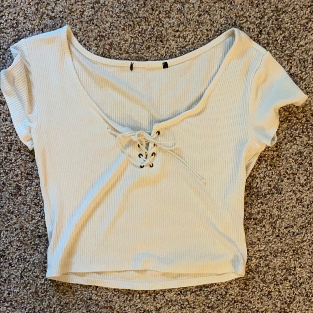 Lace-up ribbed crop top white cream - Picture 1 of 4